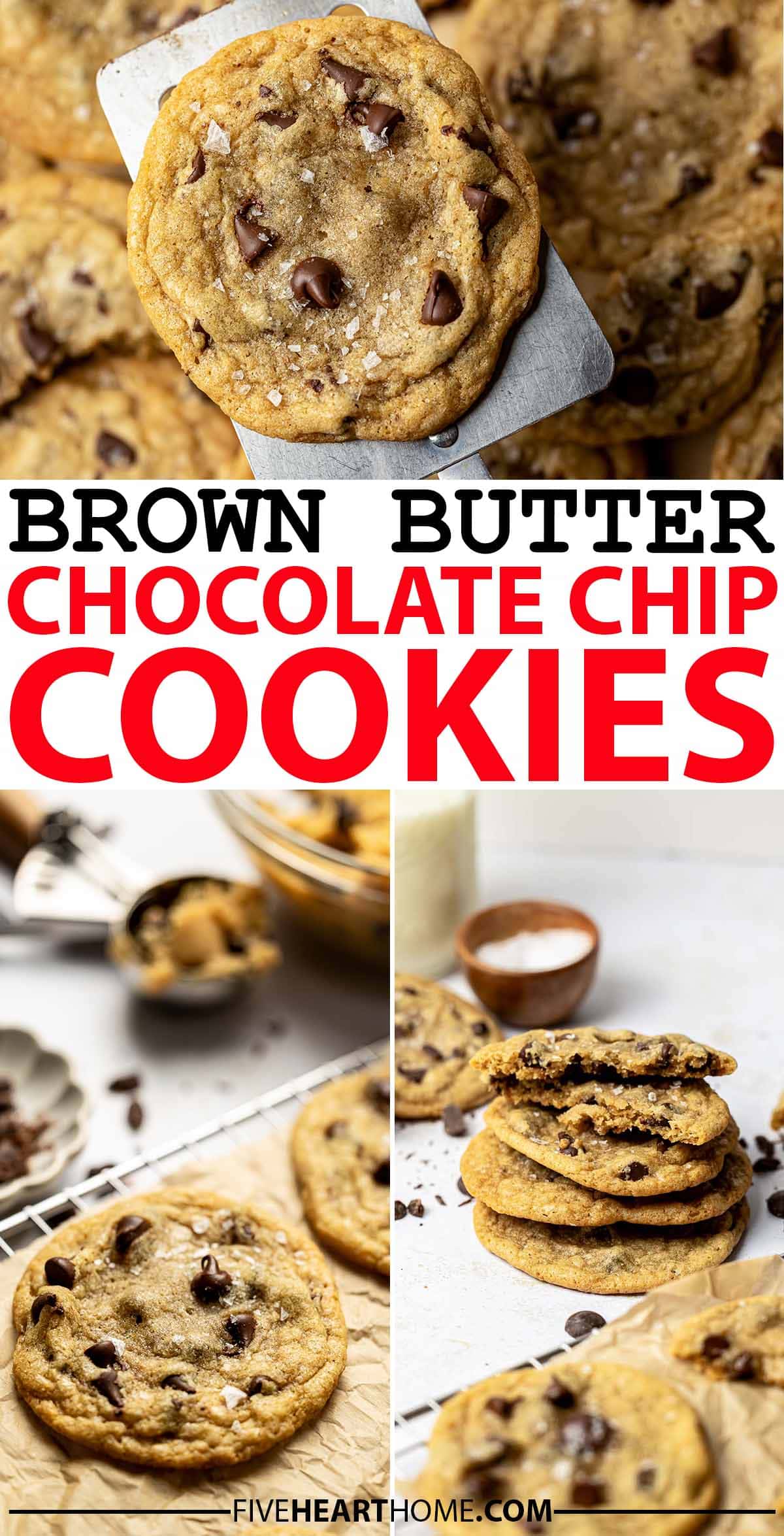 Brown Butter Chocolate Chip Cookies ~ classic chocolate chip cookies transform into gourmet treats with their chewy texture, crisp edges, and amazing caramel undertone and depth of flavor from brown butter, rich chocolate, and optional sprinkle of sea salt! | FiveHeartHome.com via @fivehearthome