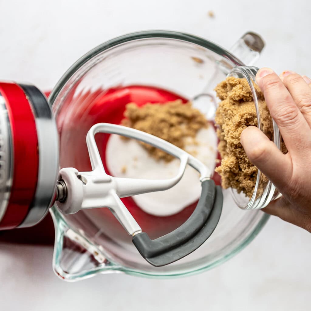 Adding brown sugar for Brown Butter Chocolate Chip Cookies recipe.